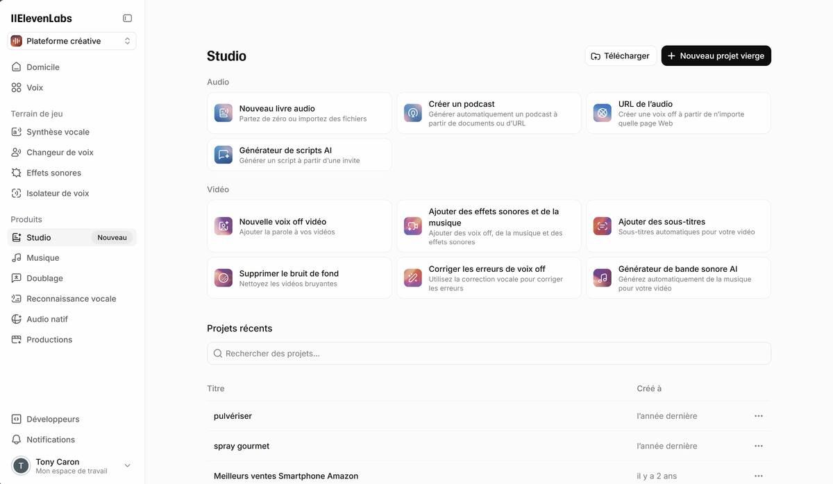 ElevenLabs studio dashboard preview